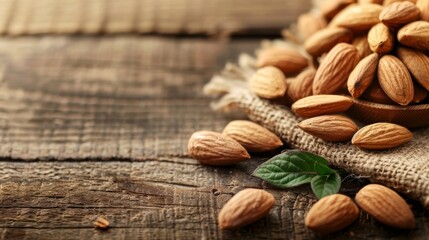 Poster - A scattered pile of fresh almonds on a wooden table