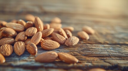 Poster - A scattered pile of fresh almonds on a wooden table