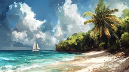 Wall Mural - A Sailboat Anchored Off a Tropical Beach