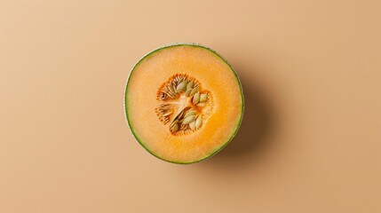 Poster - A single cantaloupe halved, revealing its bright orange interior and seeds, set against a simple, clean backdrop.