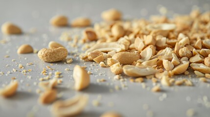 Leinwandbilder - A spread of crushed peanuts scattered across a smooth surface, with a clean background to highlight the varying sizes and textures of the peanut pieces