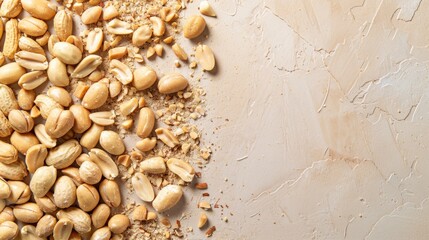Leinwandbilder - A spread of crushed peanuts scattered across a smooth surface, with a clean background to highlight the varying sizes and textures of the peanut pieces