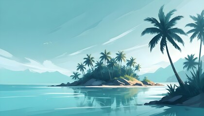 Wall Mural - Tropical Island Lonely Beach Travel Holiday Background Blue Clear Water Palms Sky Clouds