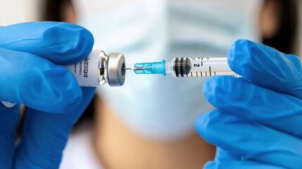 Healthcare worker in blue gloves prepares a syringe with a vaccine