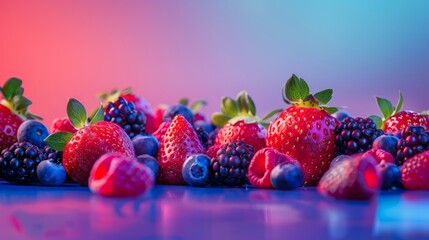 Poster - A vibrant assortment of fresh, colorful berries including strawberries, blueberries, raspberries, and blackberries scattered across a surface with subtle gradients of color in the background.