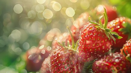 Poster - A vibrant close-up of fresh, juicy strawberries with dewdrops on their surface, arranged against a soft, blurred background.