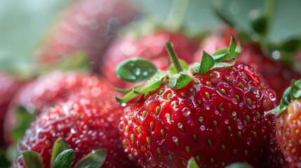 Poster - A vibrant close-up of fresh, juicy strawberries with dewdrops on their surface, arranged against a soft, blurred background.