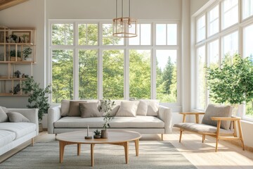 Poster - Light grey sofas, a coffee table, and a huge window adorn this light living room