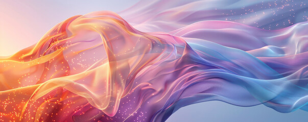 Poster - Colorful silk ribbons flowing gracefully in the sunlight against a soft gradient background, showcasing vibrant hues of orange, pink, and blue in a dreamy atmosphere