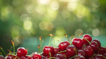 Poster - A vibrant, high-resolution background filled with a bountiful arrangement of ripe, red cherries against a blurred green backdrop