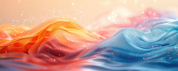 Poster - Colorful flowing fabric in soft waves with an ethereal quality, captured in gentle light during a serene morning, creating a dreamy atmosphere