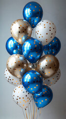 Wall Mural - Close-up 3D Chrome Gold, Blue, White Balloons for Weddings and Holidays, Isolated on a White Wall Background with Confetti, Copy Space for Text. Portrait Design for Web Banner. HD Mobile Wallpaper