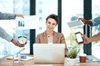© BestCam/peopleimages.com - Happy woman, multitasking and group with hands, office or portrait for charts, laptop or phone screen. Person, smile and time management with mockup space, tablet or sales report with chaos at agency