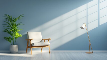 Poster - CAD rendering of vintage loft living room with blue armchairs, white floor, and blue wall