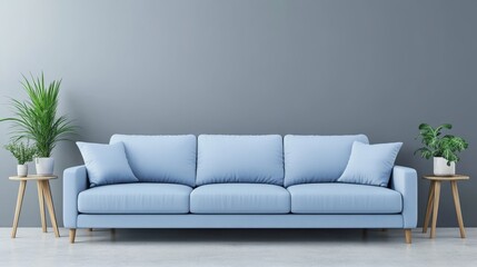 Poster - 3D rendering of vintage loft interior with blue sofa, white flooring, and blue wall
