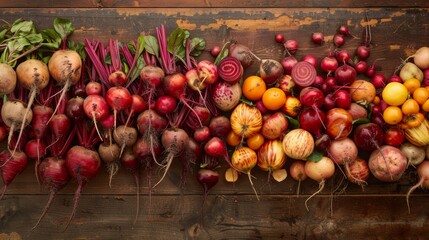 Aufkleber - A wide shot of an assortment of beets including red, golden, and striped varieties, arranged on a wooden table with their natural colors and shapes clearly visible