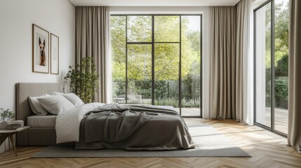 Scandinavian white minimalist bedroom with panoramic window, fur carpet, and herringbone parquet.