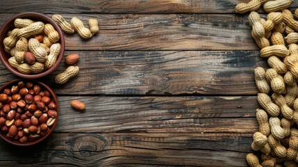 A wide-angle view of a rustic wooden table filled with a variety of peanuts, both shelled and unshelled, creating a rich, natural background