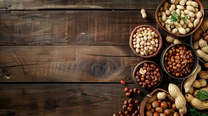 Poster - A wide-angle view of a rustic wooden table filled with a variety of peanuts, both shelled and unshelled, creating a rich, natural background