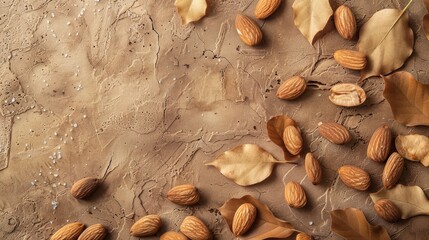 Poster - Almonds and almond leaves scattered on a textured surface