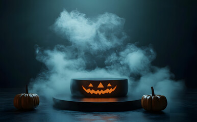 Sticker - This is a Halloween minimal scene 3D with smoke and a podium platform. This is a Halloween background concept. A stand to show products. Happy Halloween concept.