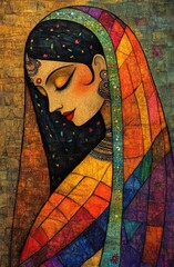 
Colorful traditional Madhubani art from India of a woman in a sari on a textured background. Colorful traditional Madhubani art  