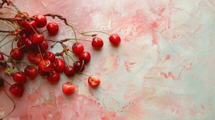 Wall Mural - An overhead view of a cherry arrangement with a focus on their vibrant hues and delicate textures, set against a soft, complementary backdrop