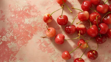 Poster - An overhead view of a cherry arrangement with a focus on their vibrant hues and delicate textures, set against a soft, complementary backdrop