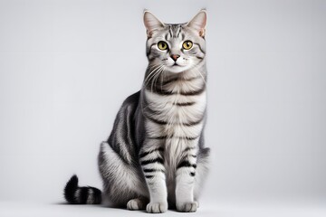 a charming american shorthair cat with a silver tabby coat and bright eyes sitting on a white backgr