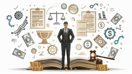 Business professional stands confidently on an open book surrounded by symbols of finance, law, and global trade in a modern design