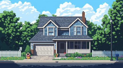 A house with a white roof and a white fence in pixel art. The house is surrounded by a lush green lawn.