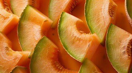 Poster - Cantaloupe segments arranged artistically on a smooth, plain background, focusing on the contrast between the orange flesh and green rind.