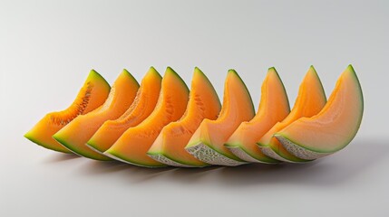 Poster - Cantaloupe segments arranged artistically on a smooth, plain background, focusing on the contrast between the orange flesh and green rind.