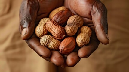 Poster - Close-up of a handful of raw peanuts, showcasing their light brown skin and slightly wrinkled texture