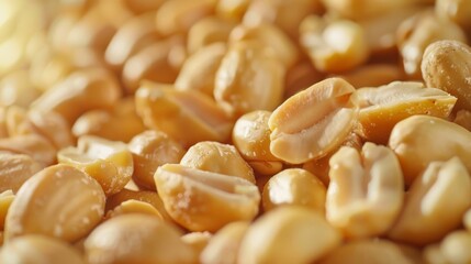 Close-up of a pile of roasted peanuts arranged in a neat formation, showcasing their shiny, golden-brown appearance