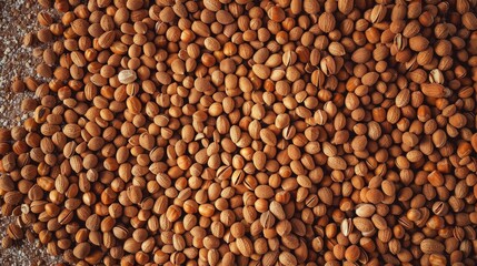 Poster - Close-up of a textured surface covered with scattered peanuts in their shells, highlighting the natural brown tones and rough textures
