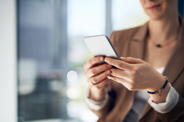Aufkleber - Office, hands and businesswoman with phone for communication, email or finance networking. Closeup, connectivity and female financial planner with tech for online client agreement, contact or deal.