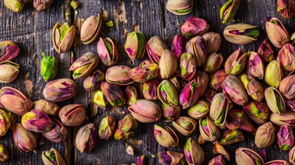 Close-up of shelled pistachio nuts scattered on a wooden surface, highlighting their vibrant green and brown hues.