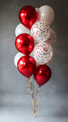 Wall Mural - Close-up 3D Chrome Gold, Red, White Balloons for Weddings and Holidays, Isolated on a Gray Wall Background with Confetti, Copy Space for Text. Portrait Design for Web Banner. HD Mobile Wallpaper