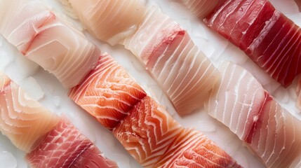 Close-up view of raw fish pieces with distinct details and patterns