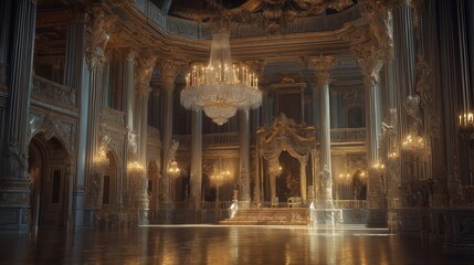 Poster - A grand, opulent palace interior with towering gilded columns, intricately carved moldings