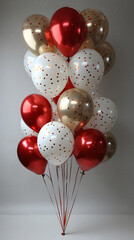 Wall Mural - Close-up 3D Chrome Gold, Red, White Balloons for Weddings and Holidays, Isolated on a White Wall Background with Confetti, Copy Space for Text. Portrait Design for Web Banner. HD Mobile Wallpaper