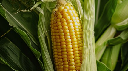 Wall Mural - Corn on the cob with green husk partially peeled back to reveal bright yellow kernels