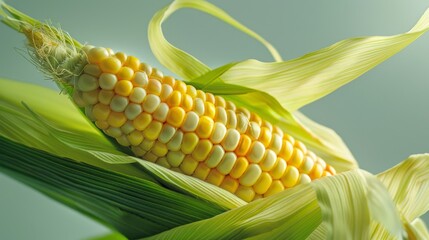 Wall Mural - Corn on the cob with green husk partially peeled back to reveal bright yellow kernels