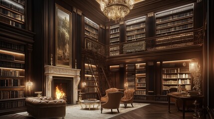 Wall Mural - A grand classic library with tall wooden bookshelves lined with leather-bound volumes