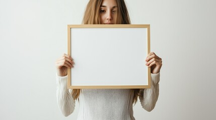 Wall Mural - Woman hold blank photo frame with empty copy space on white background. minimal artist work concept.