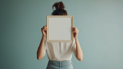 Wall Mural - Woman hold blank photo frame with empty copy space on white background. minimal artist work concept.