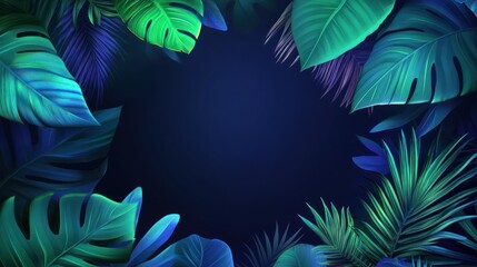 Vibrant green tropical leaves frame a deep blue background, creating a serene and lush atmosphere.