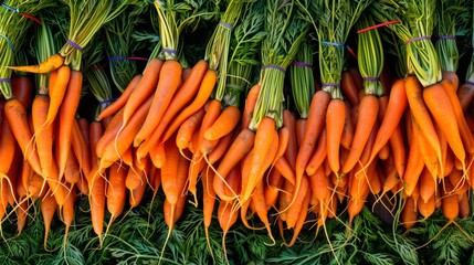 Wall Mural - Fresh orange carrots piled together with vibrant green tops