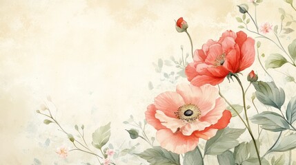 Beautiful watercolor illustration of red and peach poppy flowers against a subtle, soft background.